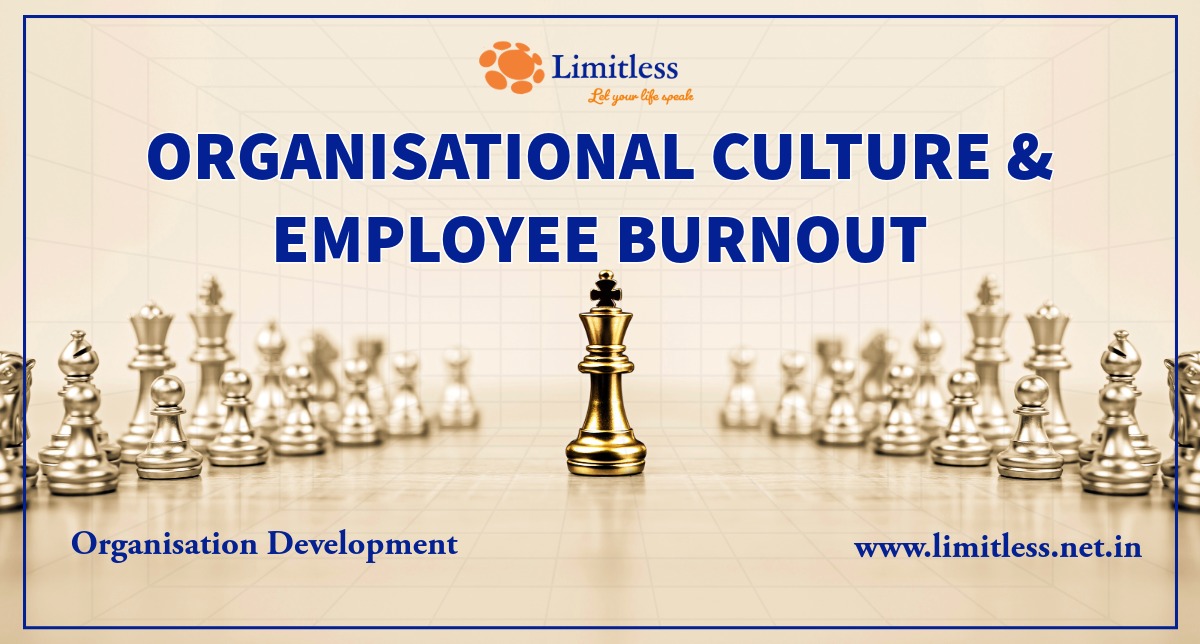 A gold king chess piece standing centered on a chessboard with blurred silver pieces in the background. Text overlays read "Organisational Culture & Employee Burnout" and "Organisation Development" by Limitless.